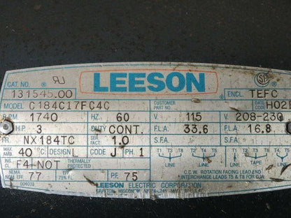 Leeson C184C17FC4C 131545.00 Motor 1PH 3HP 1740RPM 115-208-230V NX184TC