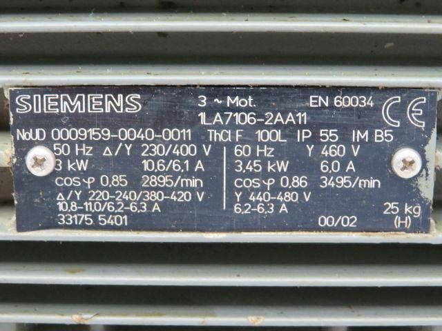 Siemens 1LA7106-2AA11 Motor 3-3.45 KW 50-60Hz 2895-3495 RPM 3PH