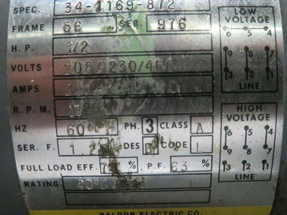 Baldor M3538 Motor 3PH Frame 56 1/2HP 1725RPM W/C13Z37P-1C Centrifugal Blower