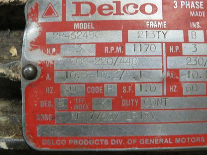 Delco 2R4624BG AC Electric Motor 3 PH Frame 213TY 1175RPM 3HP W/MB-825 Brake