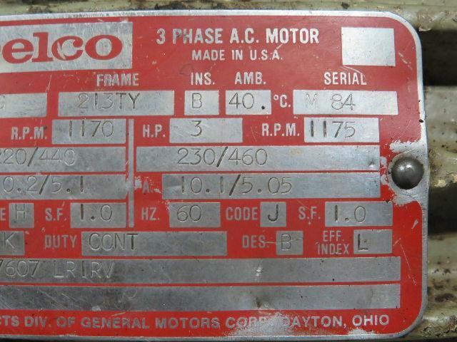 Delco 2R4624BG AC Electric Motor 3 PH Frame 213TY 1175RPM 3HP W/MB-825 Brake