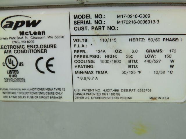 APW McLean M17-0216-G009 Electric Enclosure Air Conditioner BTU 440/527W 1PH