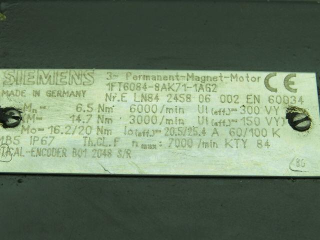 Siemens 1FT6084-8AK71-1AG2 3 Phase Permanent Magnet Motor