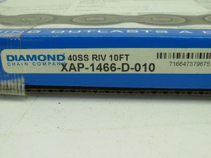 Diamond XAP-1466-D-010 Stainless Roller Chain #40 SIngle Strand Riveted 10' USA