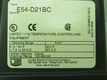 United Electric E54-D21BC Temperature Switch 15A 480VAC