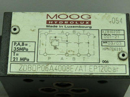 Moog Hydrolux HPN706280 Hydraulic Valve ZDBDP06A4008E 120bar