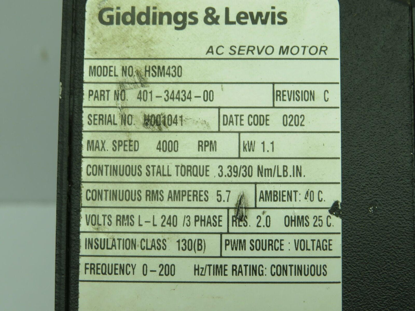 Giddings & Lewis 401-34434-00 AC Servo Motor 4000RPM 1.1KW 3PH W/PTR075-003-0