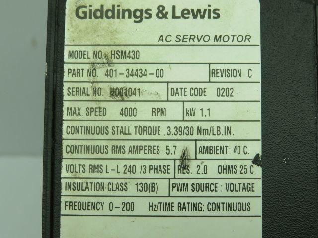 Giddings & Lewis 401-34434-00 AC Servo Motor 4000RPM 1.1KW 3PH W/PTR075-003-0