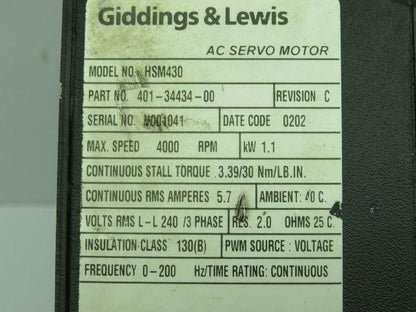 Giddings & Lewis 401-34434-00 AC Servo Motor 4000RPM 1.1KW 3PH W/PTR075-003-0