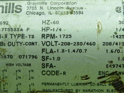 Graymills 3VH56T17T5533A Superflo Coolant Pump 1/4HP 1725RPM 56CZ-60 Frame 3PH
