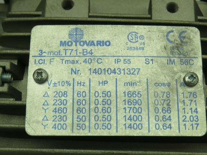 Motovario T71-B4 Motor 3PH 0.5Hp 208-230V W/NMRV040 Gear Reducer 20:1 12MM Shaft