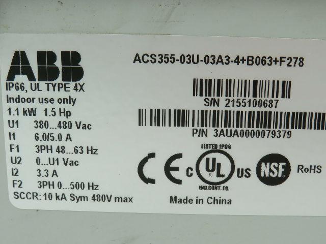 ABB ACS355-03U-03A3-4+B063+F278 Machinery Drive 1.5HP 3PH 6.0/5.0A 380/480V
