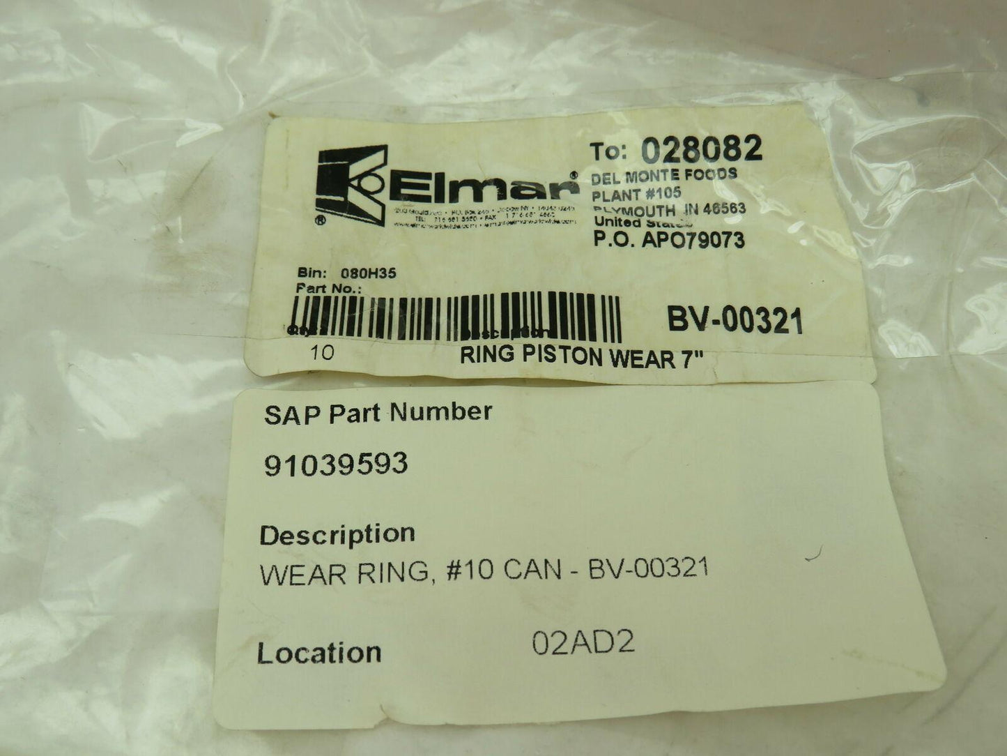 Elmar BV-00321 Piston Ring 7" x 5/8" Wear Ring Can Seamer Replacement #10 Can