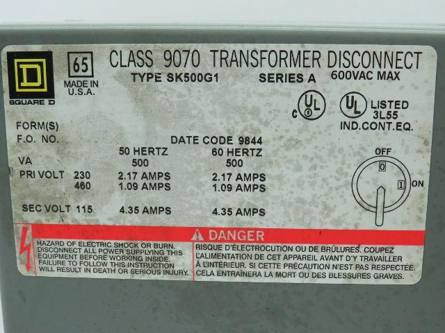 Square D SK500G1/A Transformer Disconnect 600VAC 4.35A Series A Box Only