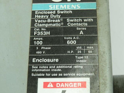 Siemens F353H/A I-T-E Enclosed Switch Fusible 100A 600VAC 3PH Type 12 Series A