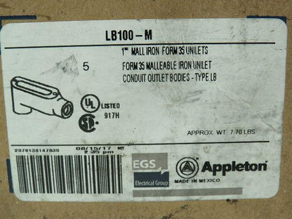 Appleton LB100-M 1" Conduit Outlet Bodies Type LB Lot of 5
