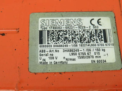 ABB 3HAB6249-1/06/150KG Servo Motor Siemens 1FK6083-6AZ21-9ZZ9-Z S03