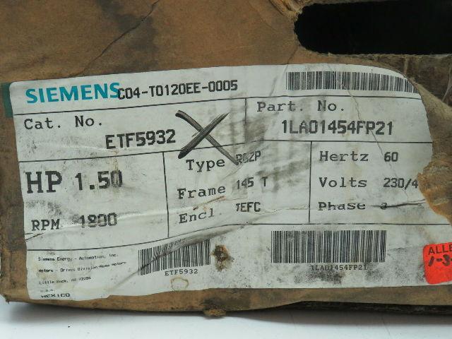 Siemens 1LA01454FP21 Induction Motor 3 Phase 1.5 HP 230/460V 1740 RPM Type RGZP