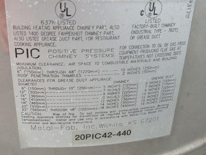 Metal Fab 20PIC42-440 Stainless Double Wall Pressure Chimney Pipe Duct 20" x 42"