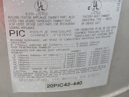 Metal Fab 20PIC42-440 Stainless Double Wall Pressure Chimney Pipe Duct 20" x 42"