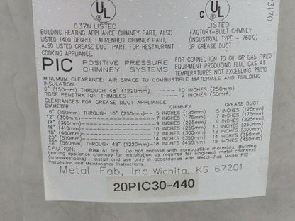 Metal Fab 20PIC30-440 Stainless Double Wall Pressure Chimney Pipe Duct 20" x 30"