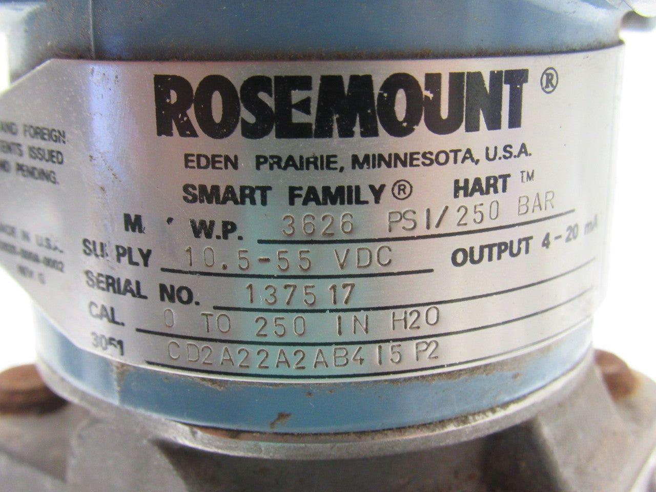 Rosemont CD2A22A2AB415P2 Pressure Transmitter 0-250 IN H20 3626PSI