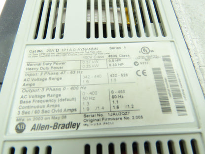 Allen Bradley 20AD1P1A0AYNANNN PowerFlex 70 Variable AC Drive VFD 0.5Hp 480V 3PH