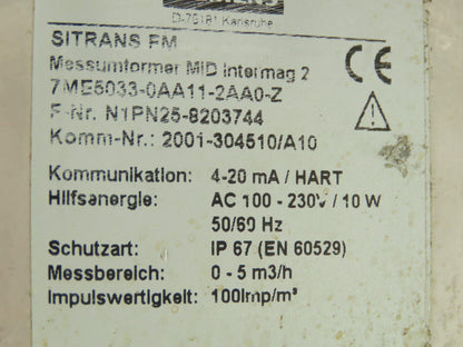 Siemens 7ME5033-0AA11-2AA0-Z SITRANS F M Intermag 2 Flowmeter Transmitter 4-20mA
