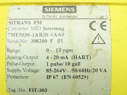 Siemens 7ME50301AB201AA0 SITRANS FM MID Intermag Flowmeter Transmitter 0-13 GPM