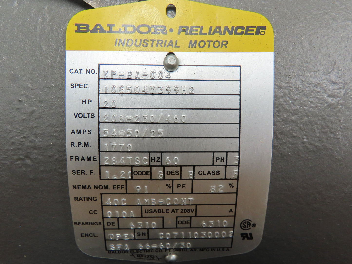 Baldor Electric Motor C Face 1770 RPM 20 HP 230/460V 3Ph Double Shaft 284TSC Fr