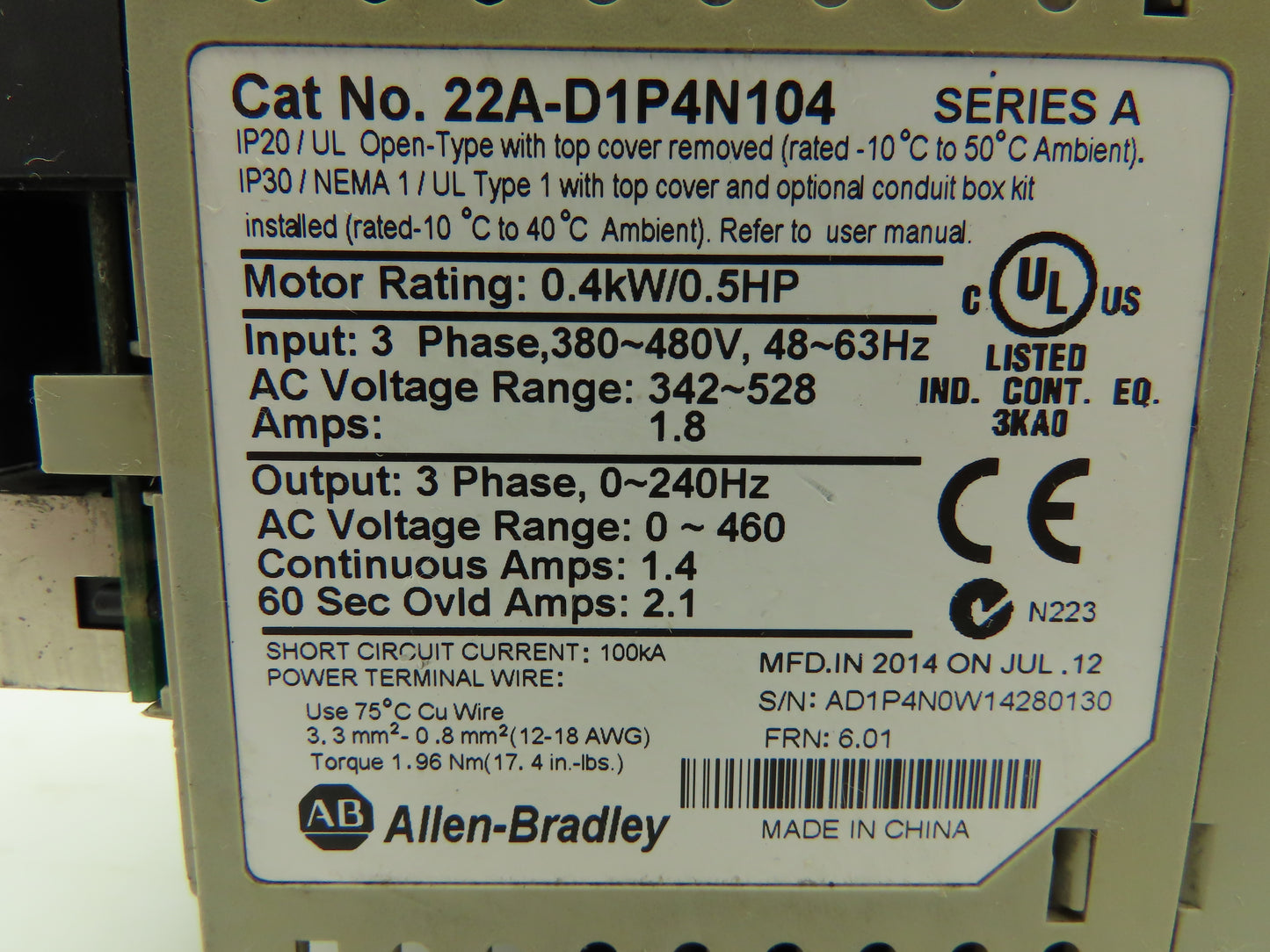 Allen Bradley 22A-D1P4N104 Powerflex 4 VFD Variable Frequency Drive 0.5 HP 480V
