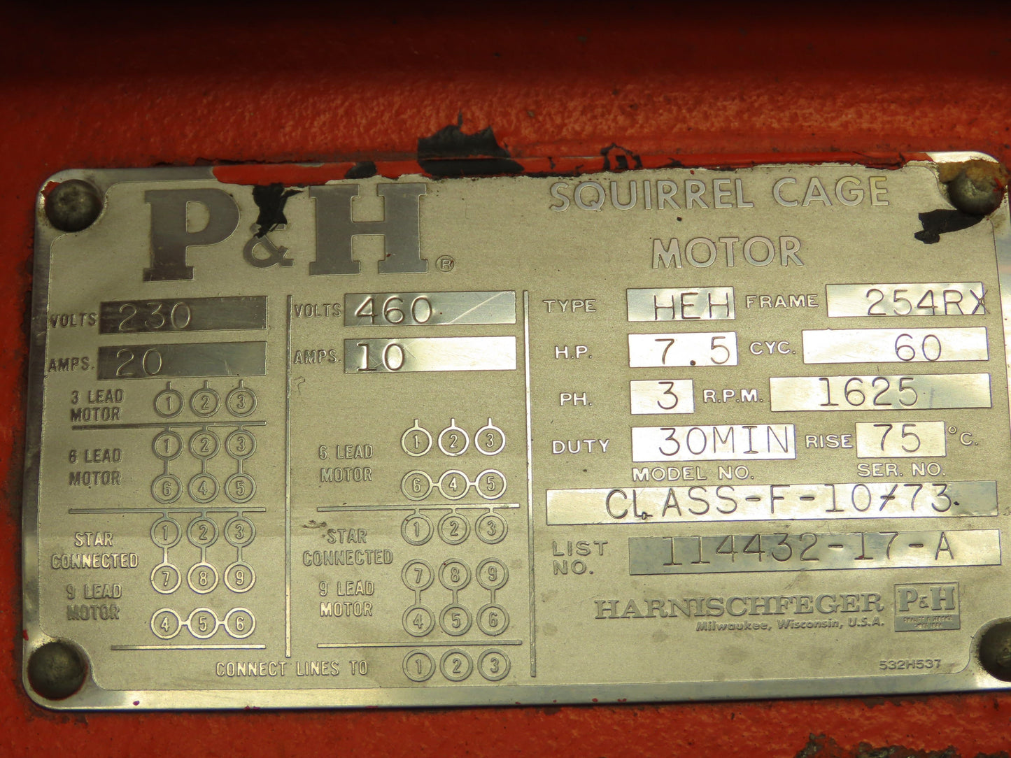 P&H HEH-254RX Squirrel Cage Crane Duty AC Motor 7.5Hp 1625 RPM 230/460V 3PH