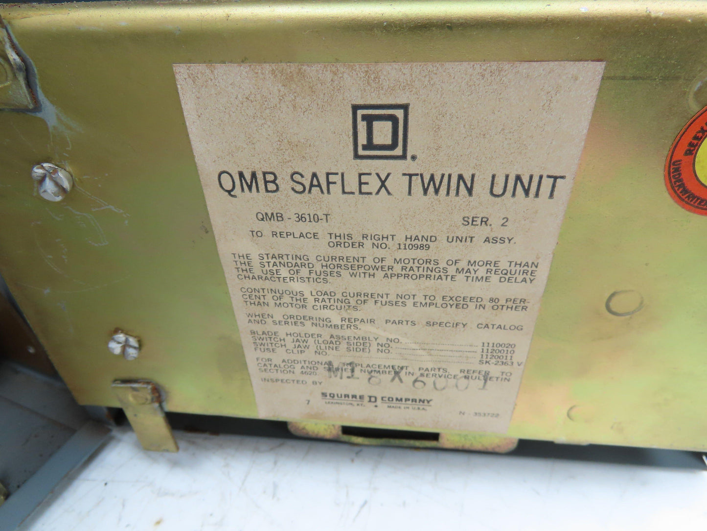 Square D QMB-3610-T Saflex Twin Fusible Panelboard Switch 100/100A 3P 600VAC