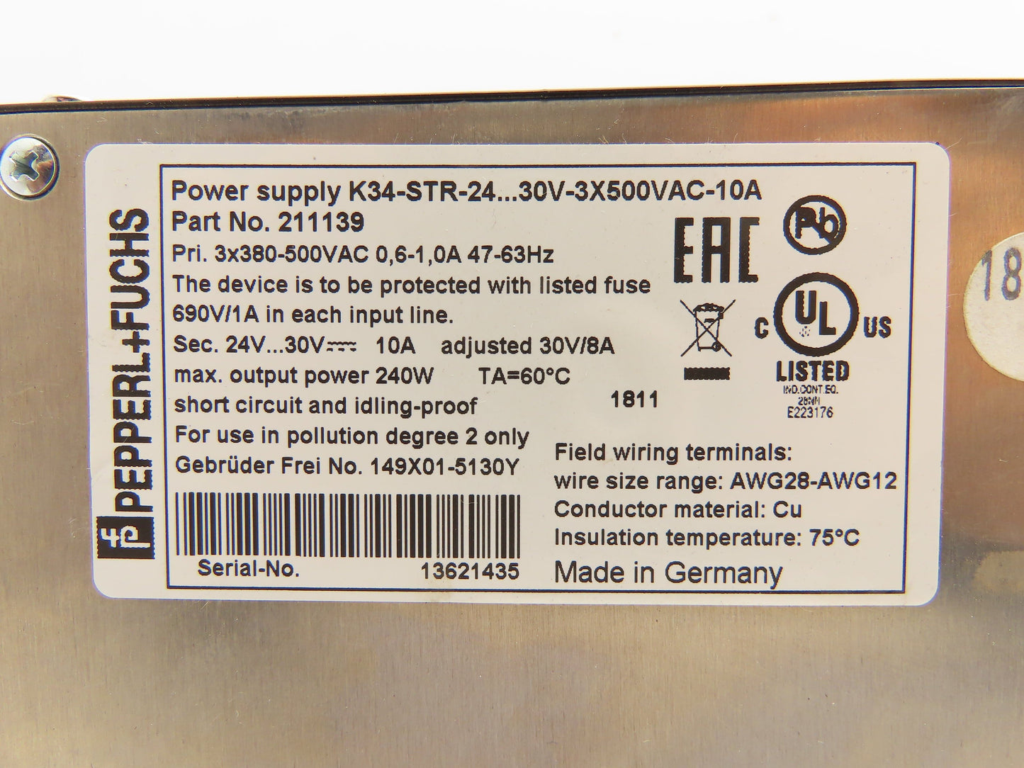 Pepperl Fuchs 211139 PLC Power Supply Module PRI 3x380-500V SEC 24V 10A
