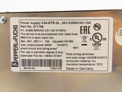 Pepperl Fuchs 211139 PLC Power Supply Module PRI 3x380-500V SEC 24V 10A