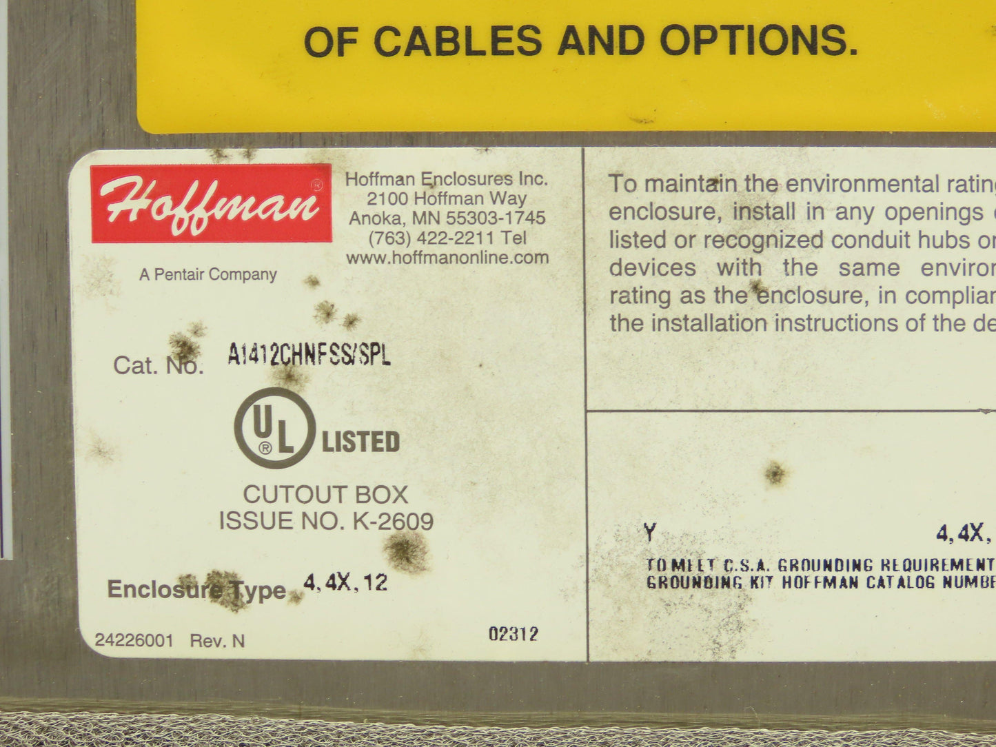Hoffman A1412CHNFSS Stainless Steel Electrical Enclosure 14x12x6" Backplate