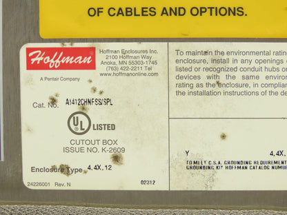 Hoffman A1412CHNFSS Stainless Steel Electrical Enclosure 14x12x6" Backplate