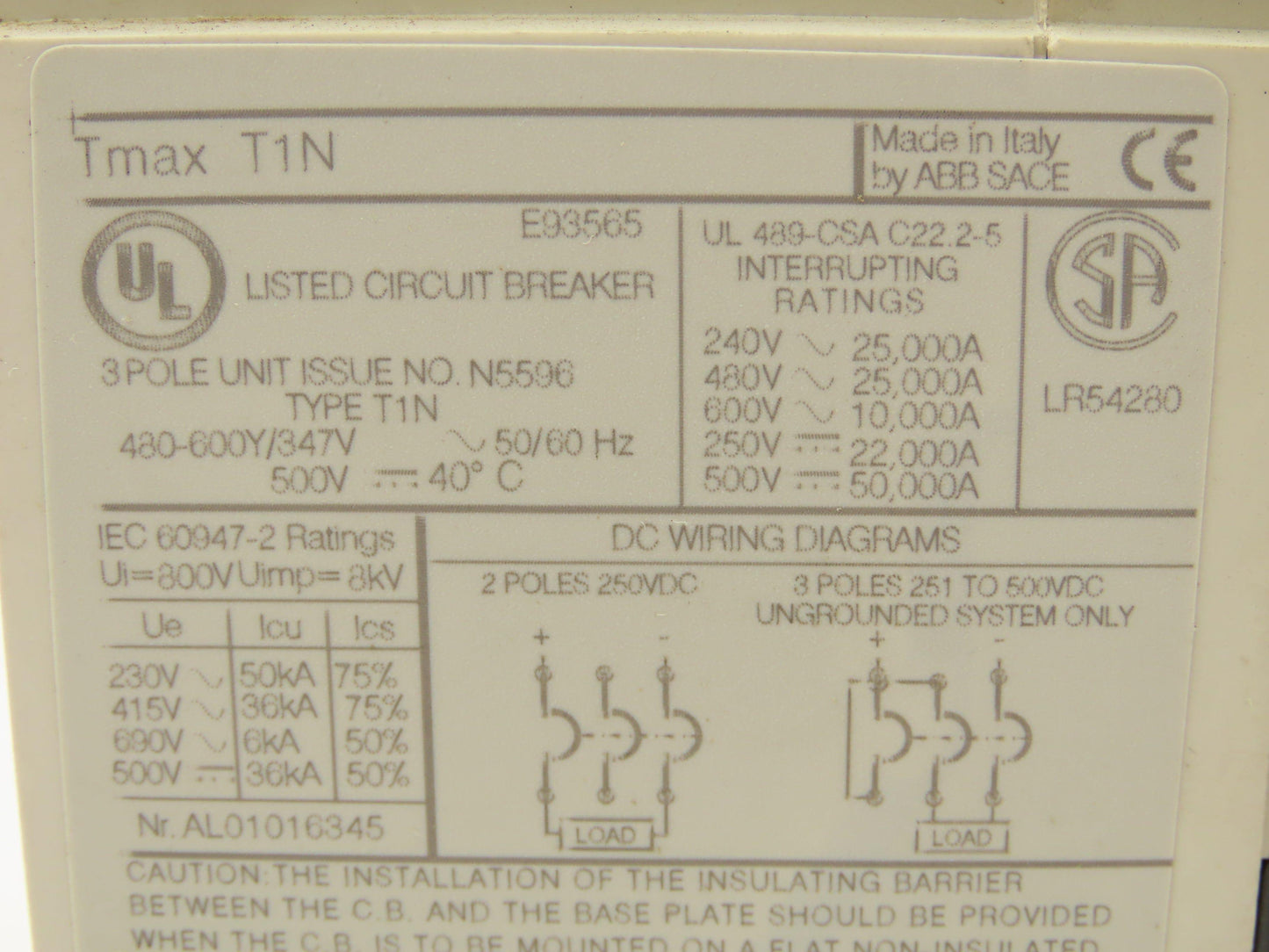ABB Tmax T1N SACE Circuit Breaker 80A 3 Pole 600V