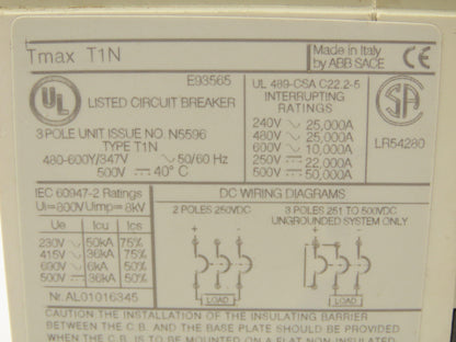 ABB Tmax T1N SACE Circuit Breaker 80A 3 Pole 600V