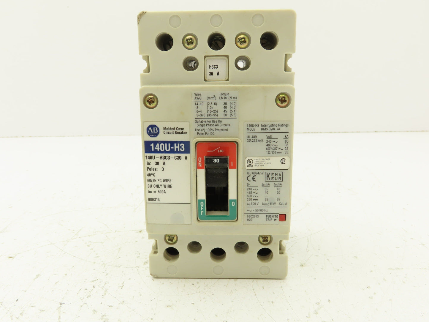 Allen Bradley 140U-H3C3-C30 Circuit Breaker 30A 3 Pole 600V Panel Mount