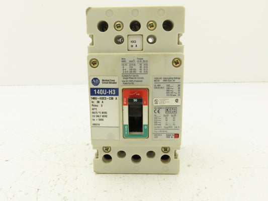 Allen Bradley 140U-H3C3-C30 Circuit Breaker 30A 3 Pole 600V Panel Mount