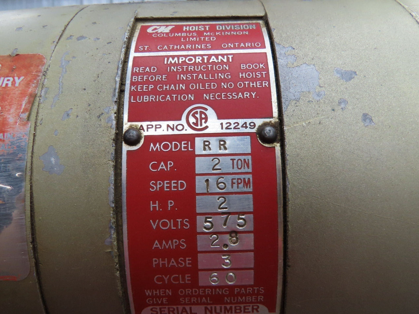 CM Lodestar RR Electric Chain Hoist 2 Ton 16 FPM 27' Lift  575 Volt 3PH