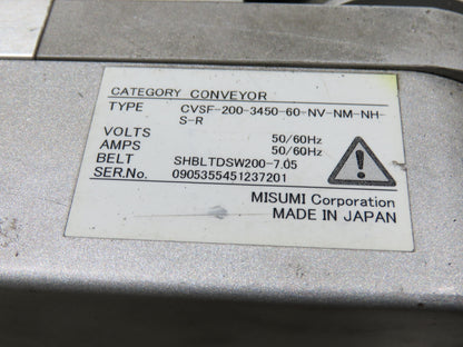 Misumi CVSF-200 Low Profile 8" Belt Conveyor 11' 6"L 230V 3PH End Drive 175fpm