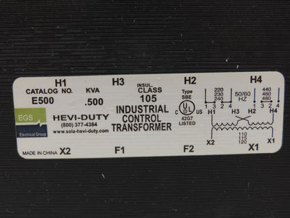 Hevi-Duty E500 EGS Industrial Control Transformer 0.500kva HV 240/480V LV 120V