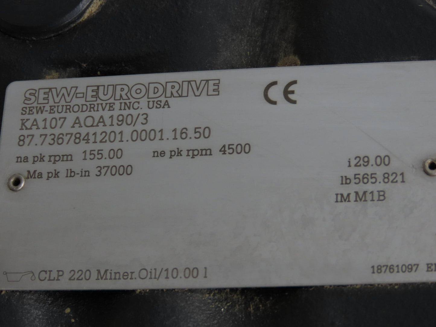 Sew-Eurodrive KA107 AQA190/3 Helical Inline Gear Drive 29:1 Reducer Hollow Shaft