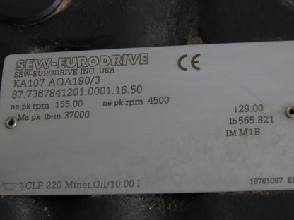 Sew-Eurodrive KA107 AQA190/3 Helical Inline Gear Drive 29:1 Reducer Hollow Shaft