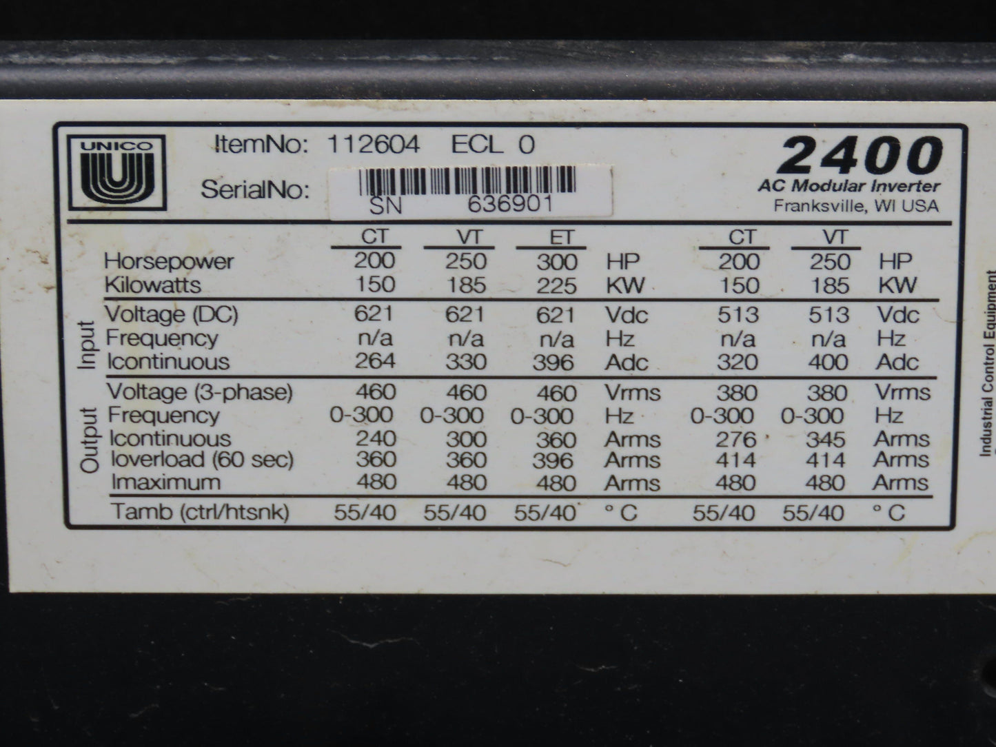 Unico 2400 AC Modular Inverter Drive 300HP 3Ph 460V 112604 ECL0