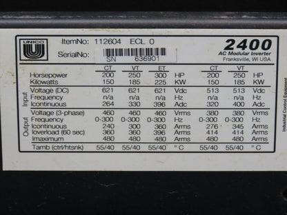 Unico 2400 AC Modular Inverter Drive 300HP 3Ph 460V 112604 ECL0