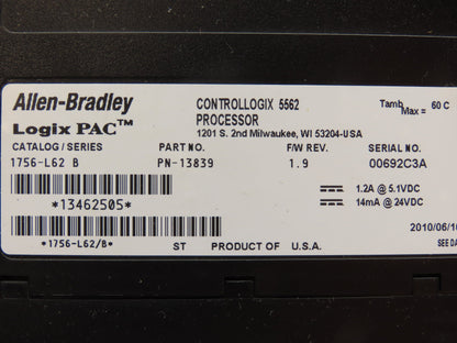 Allen Bradley 1756-L62 ControlLogix 5562 Processor Logix Pac Ser B