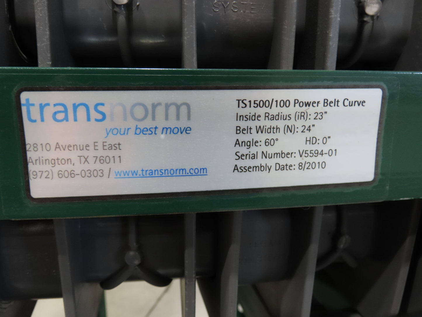 Transnorm TS1500/100 60° LH Curve 24" Belt Conveyor 210 FPM Belt Drive 460V 3PH